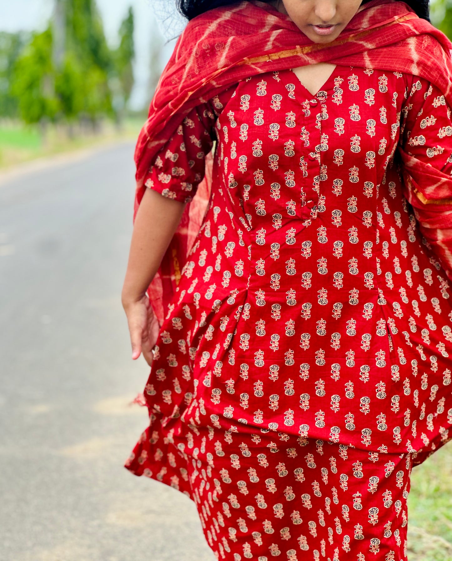 Cherry red Jaipur women cotton kurta suit