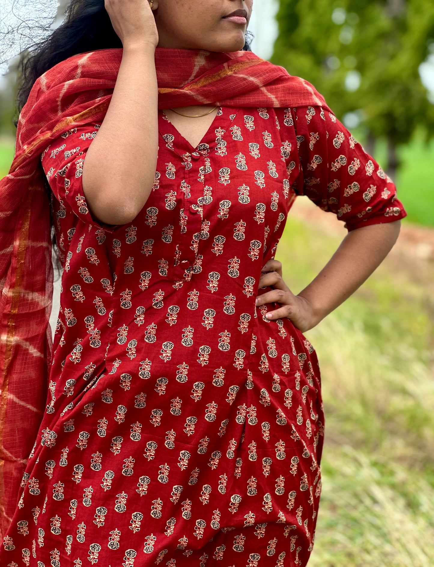 Cherry red Jaipur women cotton kurta suit
