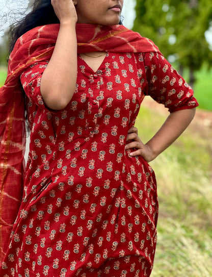 Cherry red Jaipur women cotton kurta suit