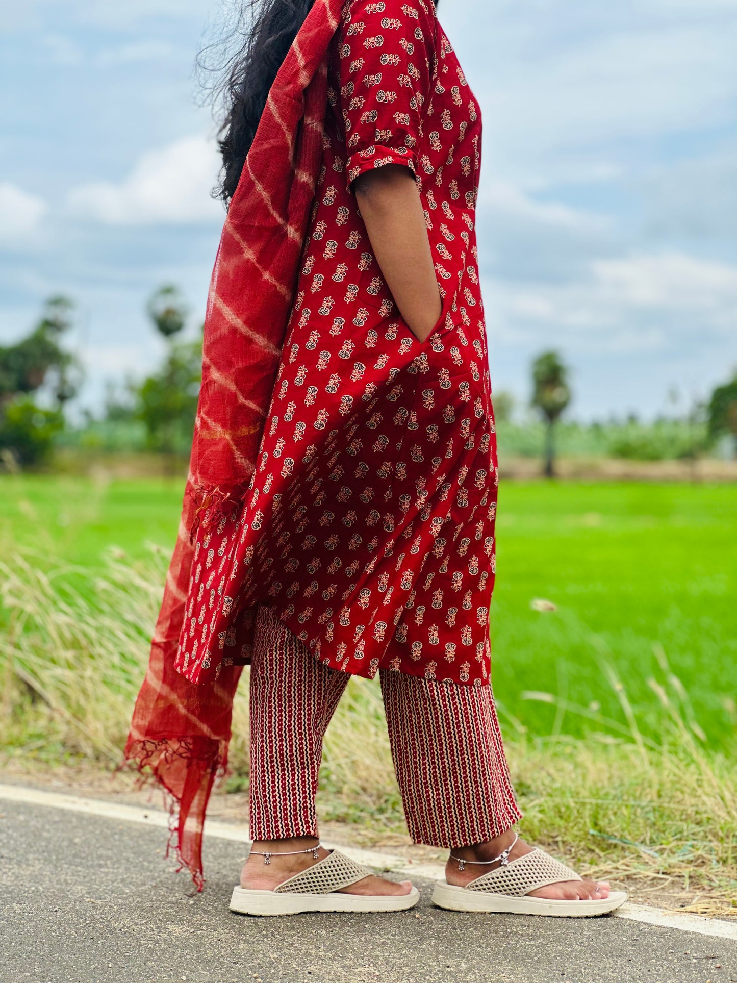 Cherry red Jaipur women cotton kurta suit