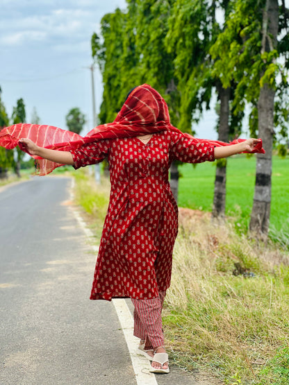 Cherry red Jaipur women cotton kurta suit