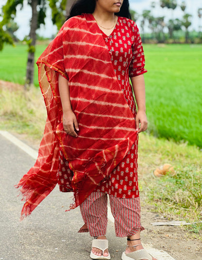 Cherry red Jaipur women cotton kurta suit