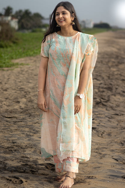 Marble orange linen women kurta set