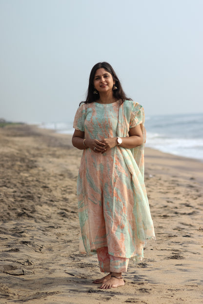 Marble orange linen women kurta set
