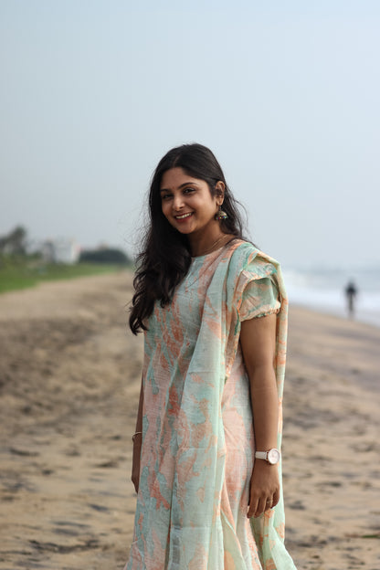 Marble orange linen women kurta set