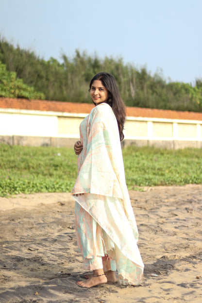 Marble orange linen women kurta set