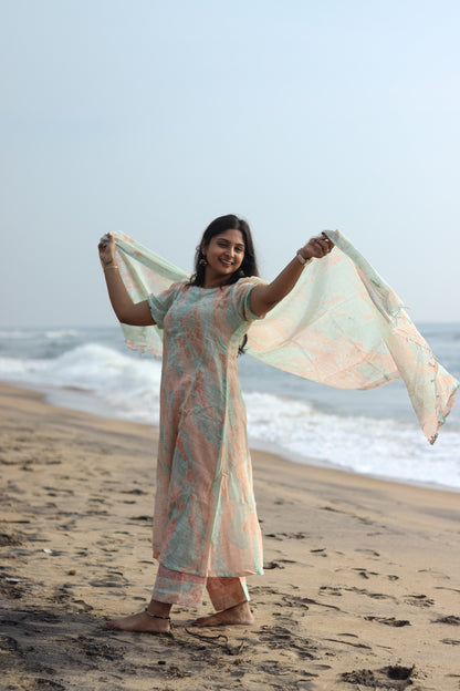 Marble orange linen women kurta set