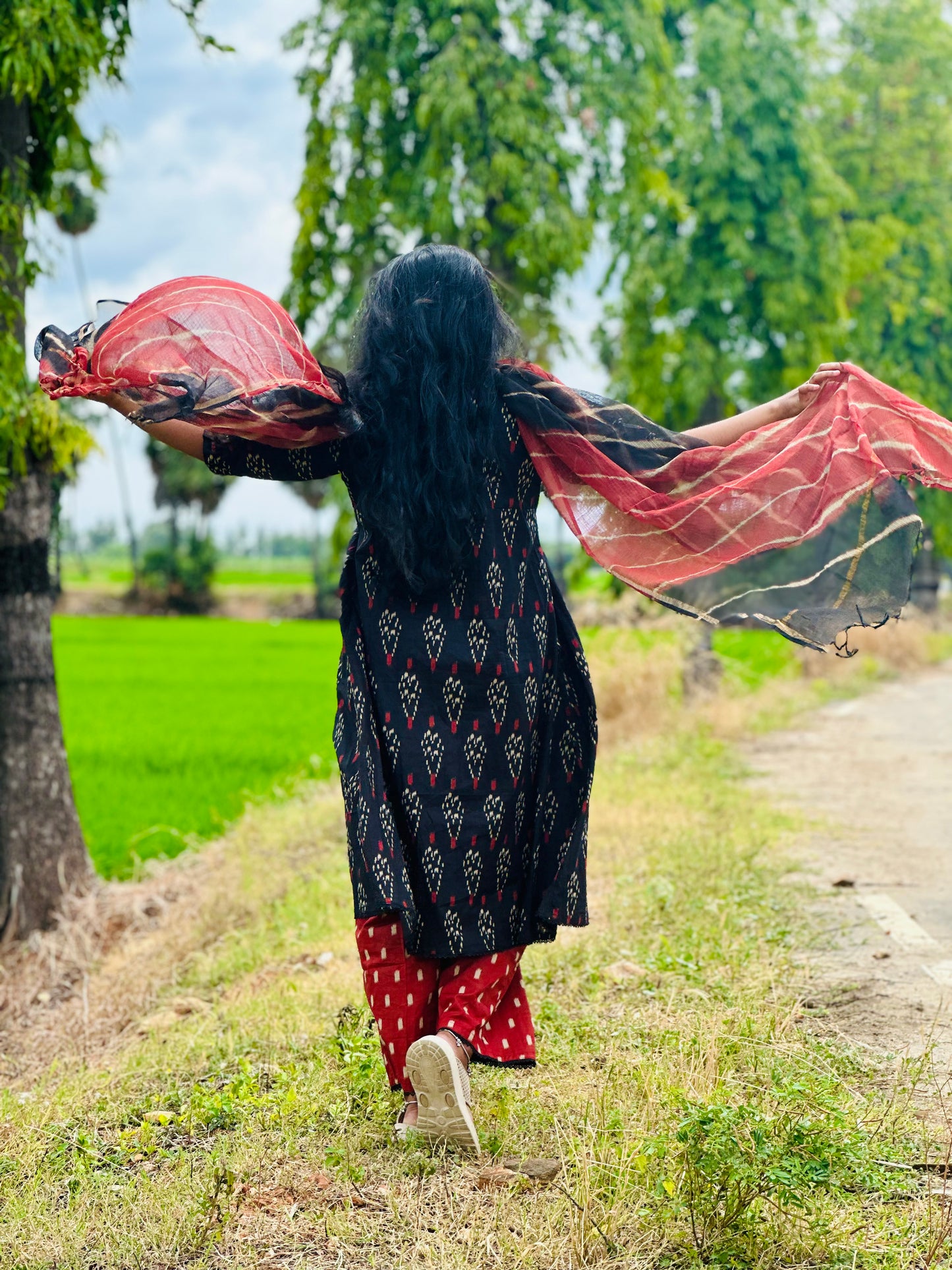 Red & black ikat Jaipur cotton women kurta suit