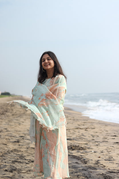 Marble orange linen women kurta set