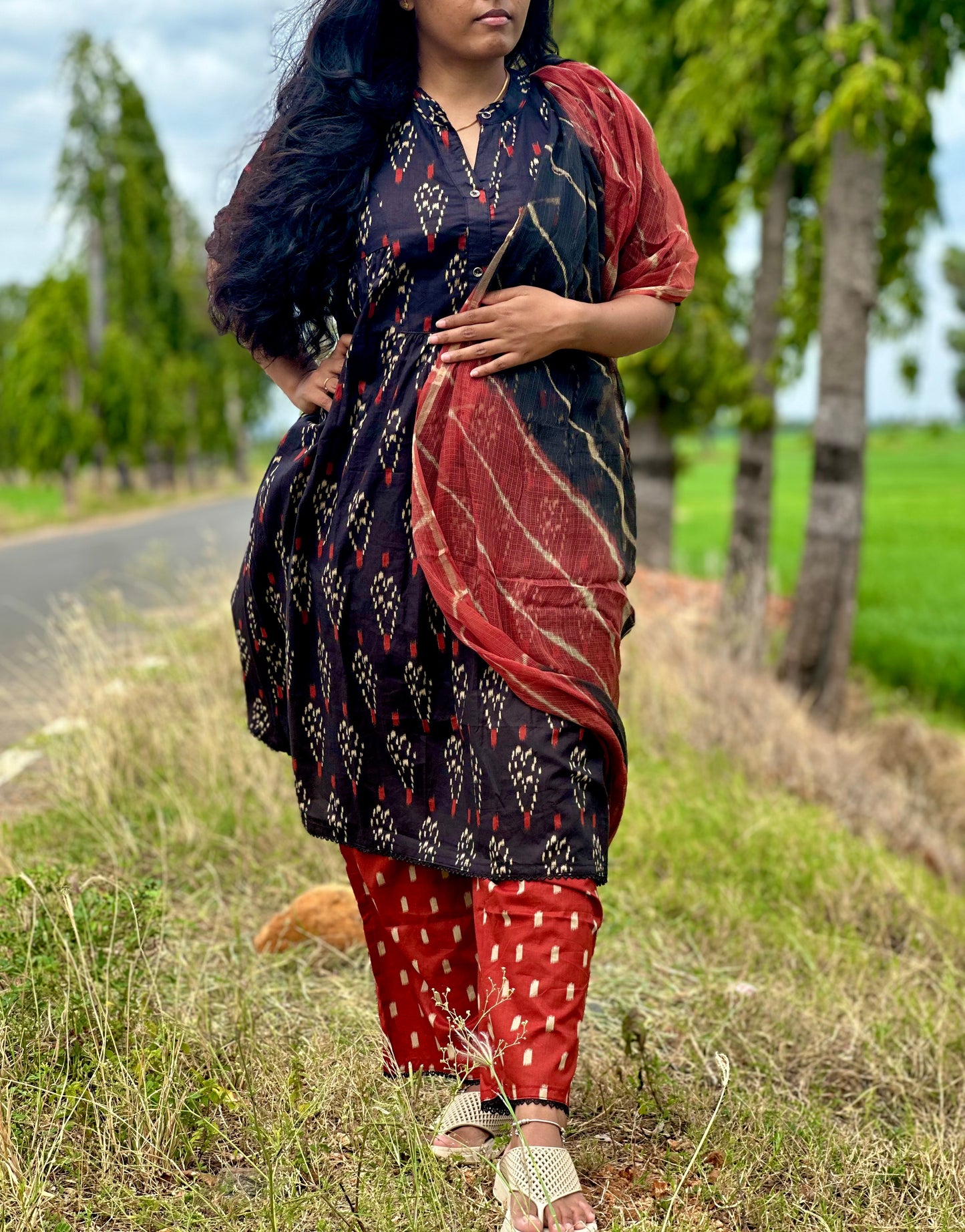 Red & black ikat Jaipur cotton women kurta suit