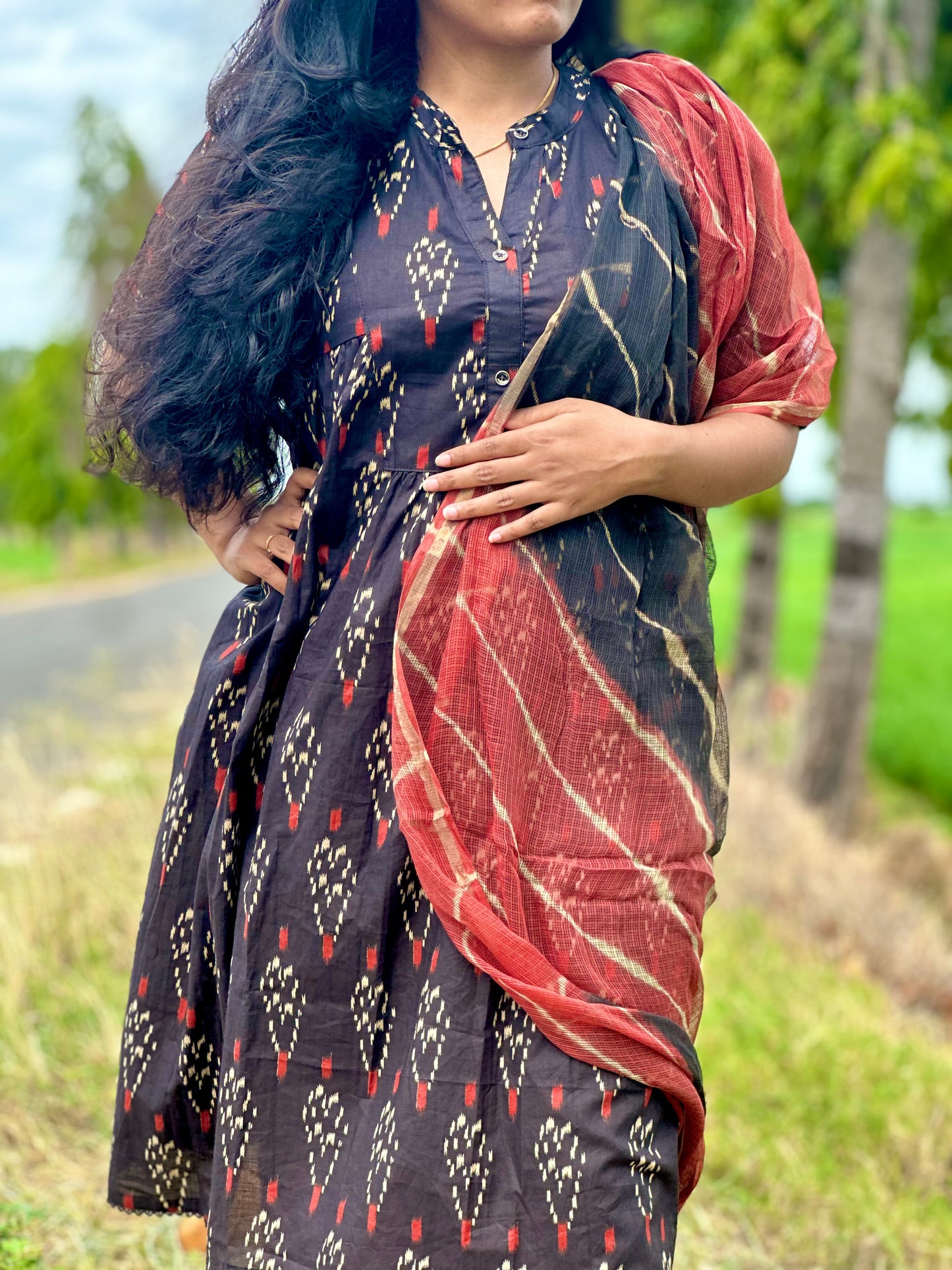 Red & black ikat Jaipur cotton women kurta suit