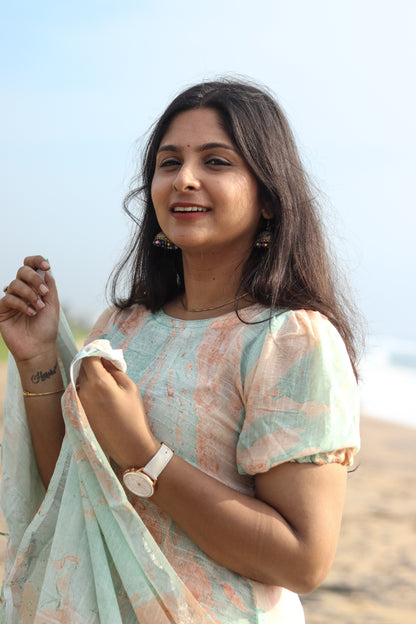 Marble orange linen women kurta set