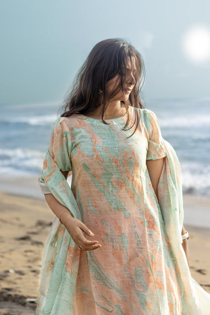 Marble orange linen women kurta set