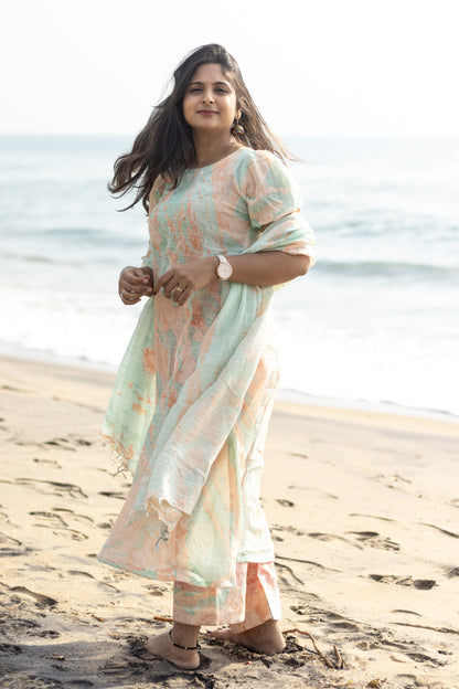 Marble orange linen women kurta set