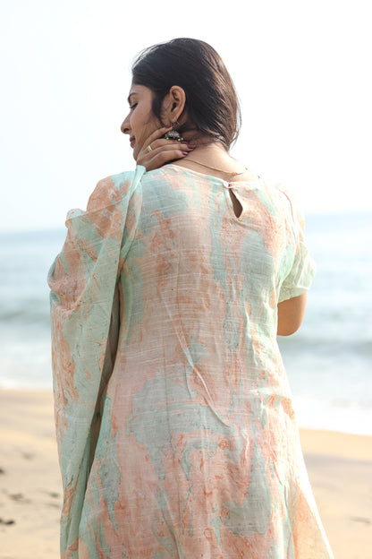 Marble orange linen women kurta set
