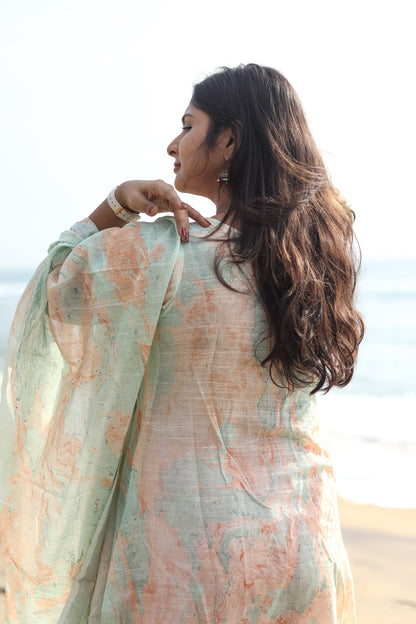 Marble orange linen women kurta set