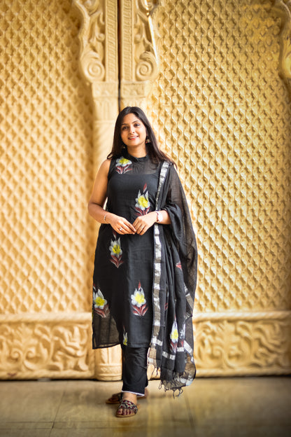 Black floral linen cotton kurta set with dupatta