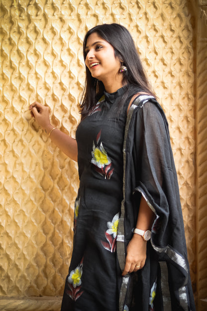 Black floral linen cotton kurta set with dupatta