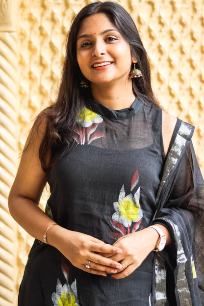 Black floral linen cotton kurta set with dupatta