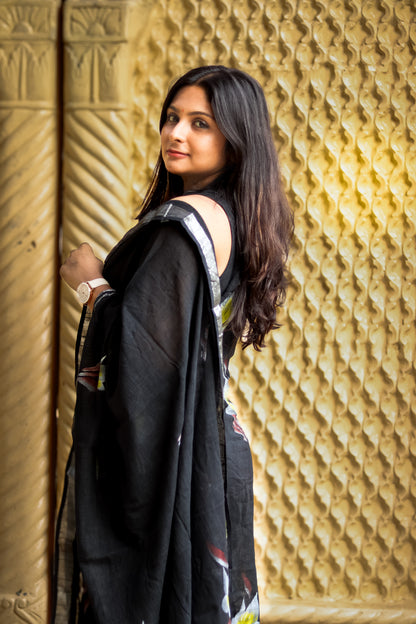 Black floral linen cotton kurta set with dupatta