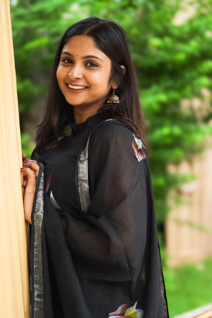Black floral linen cotton kurta set with dupatta