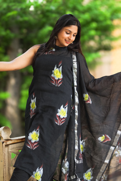 Black floral linen cotton kurta set with dupatta