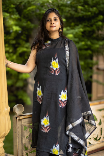Black floral linen cotton kurta set with dupatta