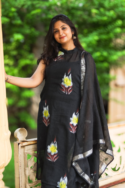 Black floral linen cotton kurta set with dupatta