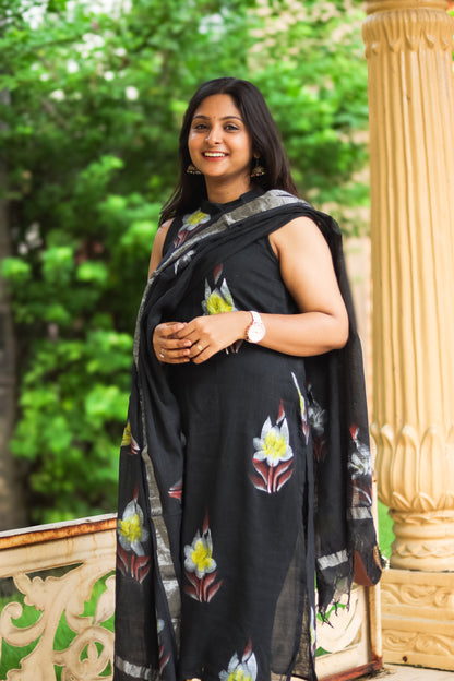 Black floral linen cotton kurta set with dupatta
