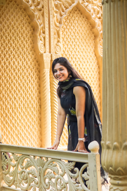 Black floral linen cotton kurta set with dupatta