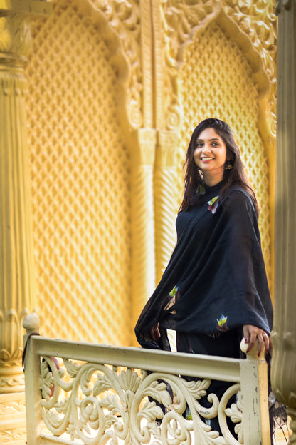 Black floral linen cotton kurta set with dupatta