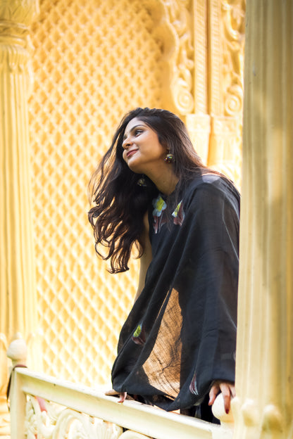 Black floral linen cotton kurta set with dupatta