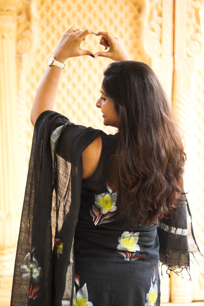 Black floral linen cotton kurta set with dupatta
