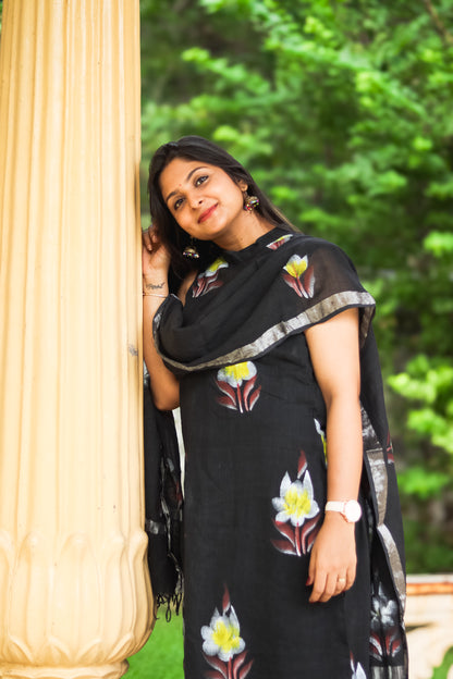 Black floral linen cotton kurta set with dupatta