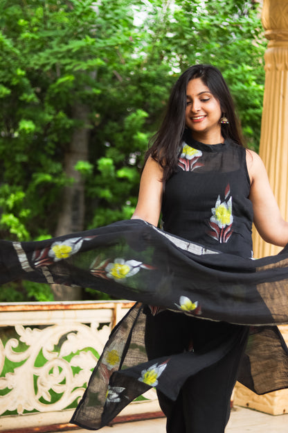 Black floral linen cotton kurta set with dupatta