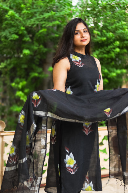 Black floral linen cotton kurta set with dupatta