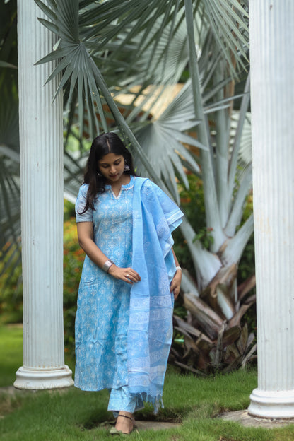 Light blue pure cotton linen women kurta set