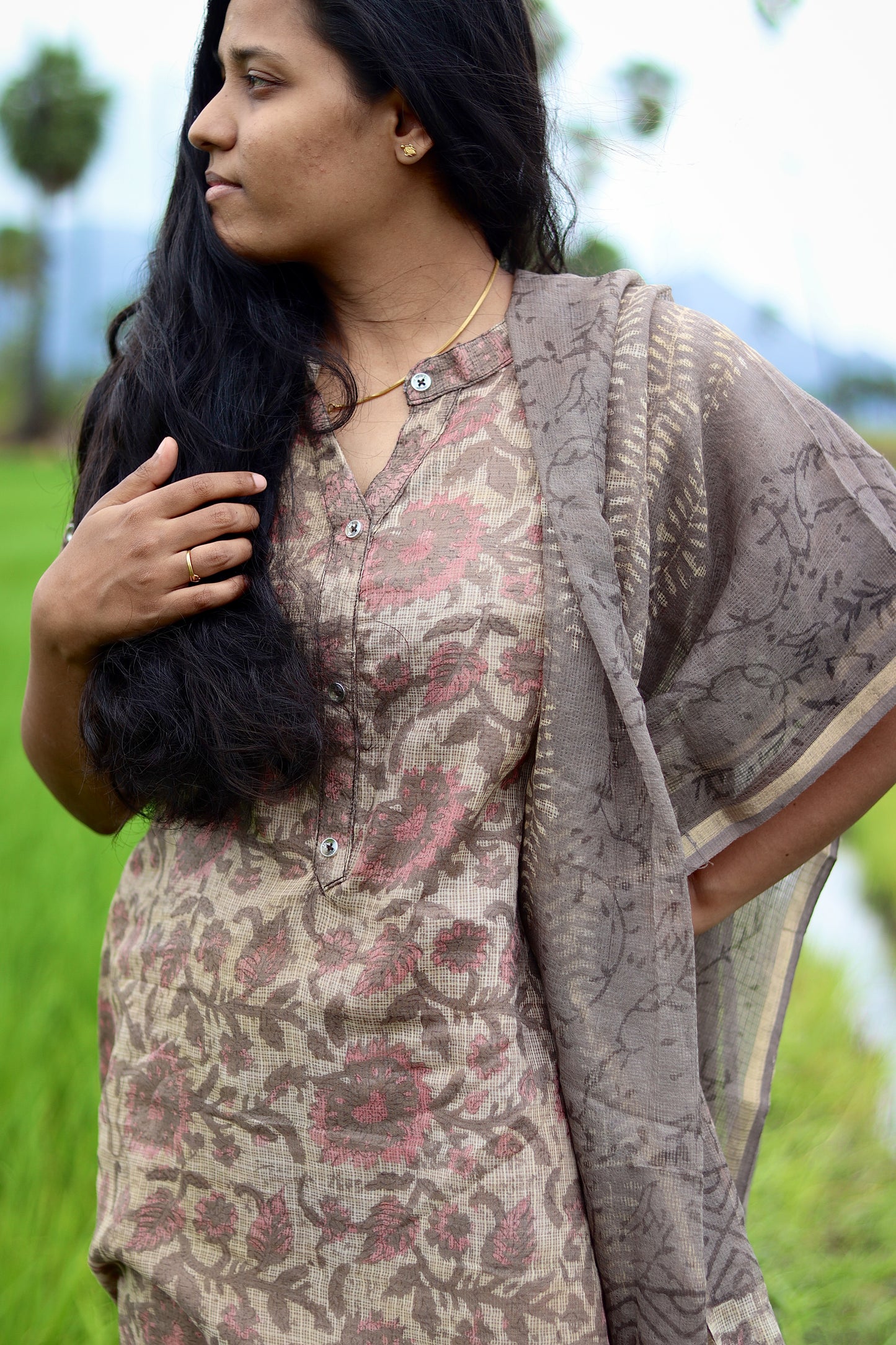 Beige grey Kota cotton kurta suit for women