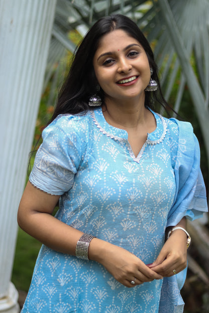 Light blue pure cotton linen women kurta set