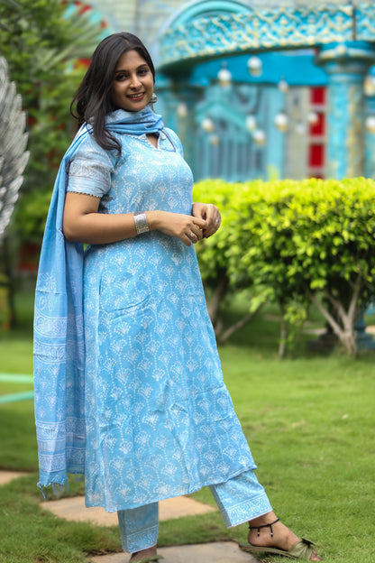 Light blue pure cotton linen women kurta set