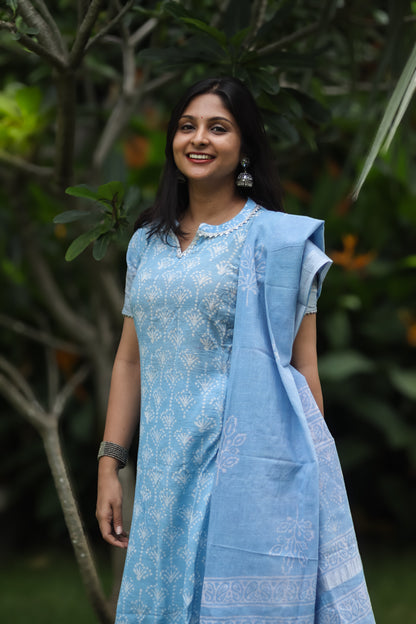 Light blue pure cotton linen women kurta set