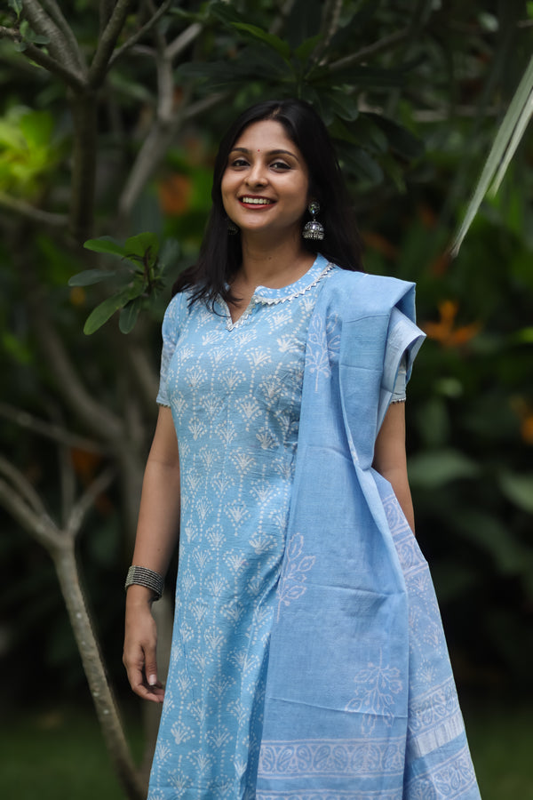 Light blue pure cotton linen women kurta set