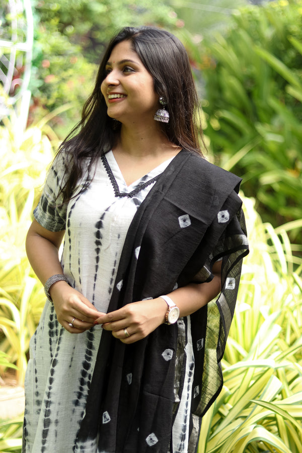 Black & white pure linen cotton women kurta set