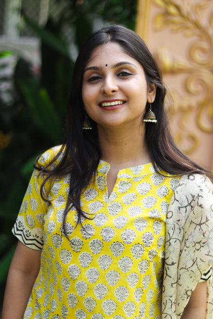 Floral yellow print Jaipur cotton women kurta set