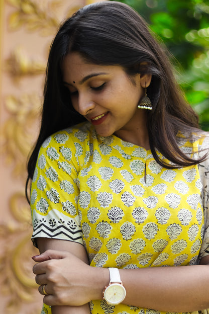 Floral yellow print Jaipur cotton women kurta set