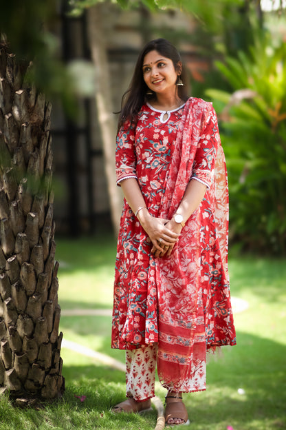 Red and white floral pure cotton kurta set with Kota Doria dupatta