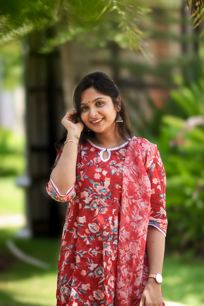Red and white floral pure cotton kurta set with Kota Doria dupatta