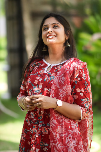 Red and white floral pure cotton kurta set with Kota Doria dupatta
