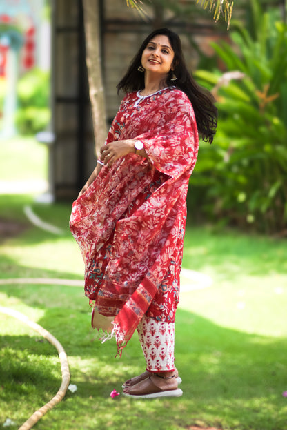 Red and white floral pure cotton kurta set with Kota Doria dupatta