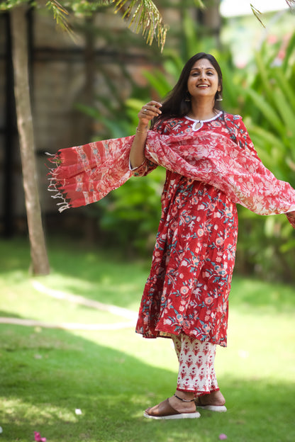 Red and white floral pure cotton kurta set with Kota Doria dupatta